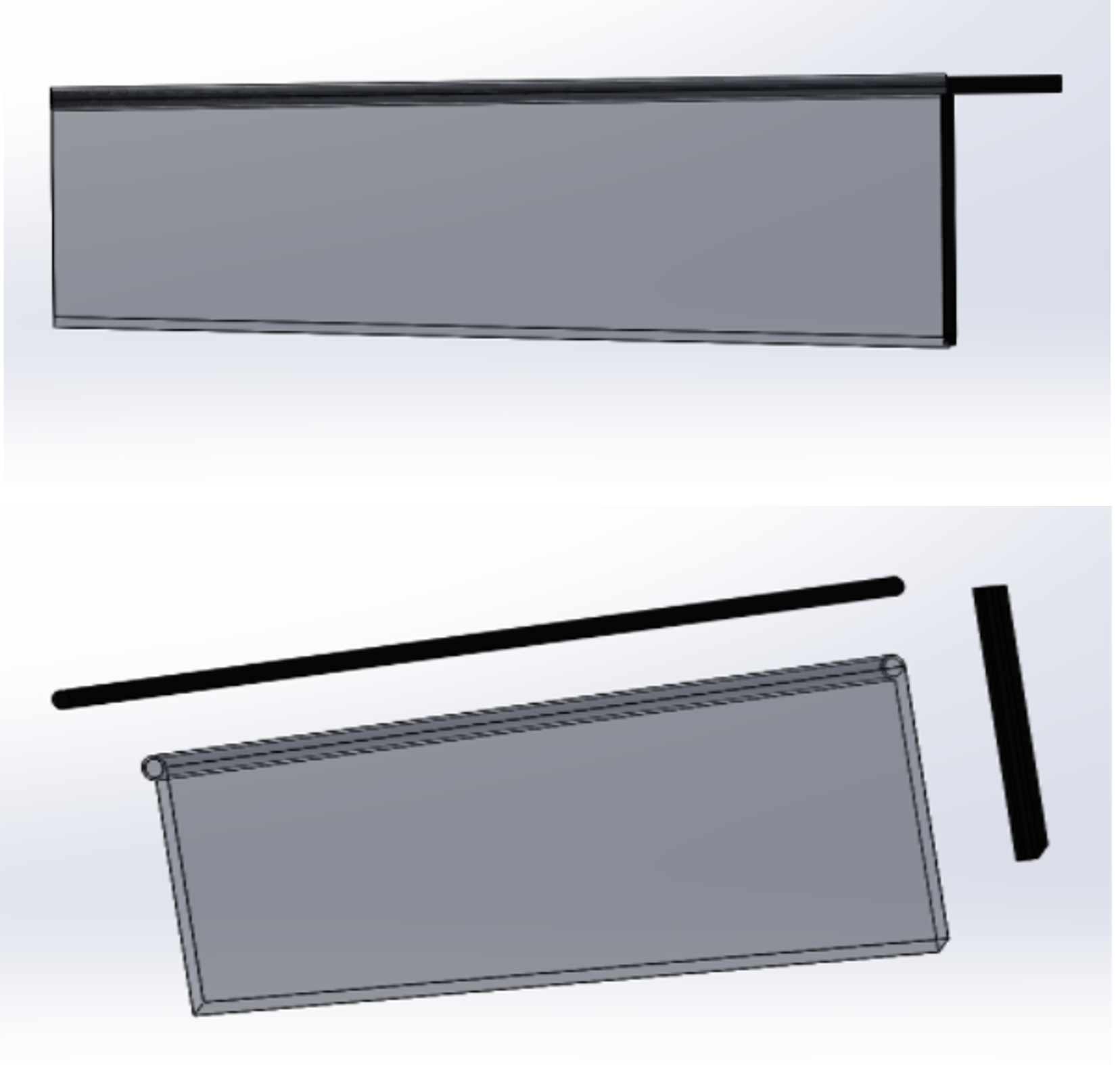 CAD model of the biomimetic wing showing geometry with 82.5mm length and 22mm tip chord